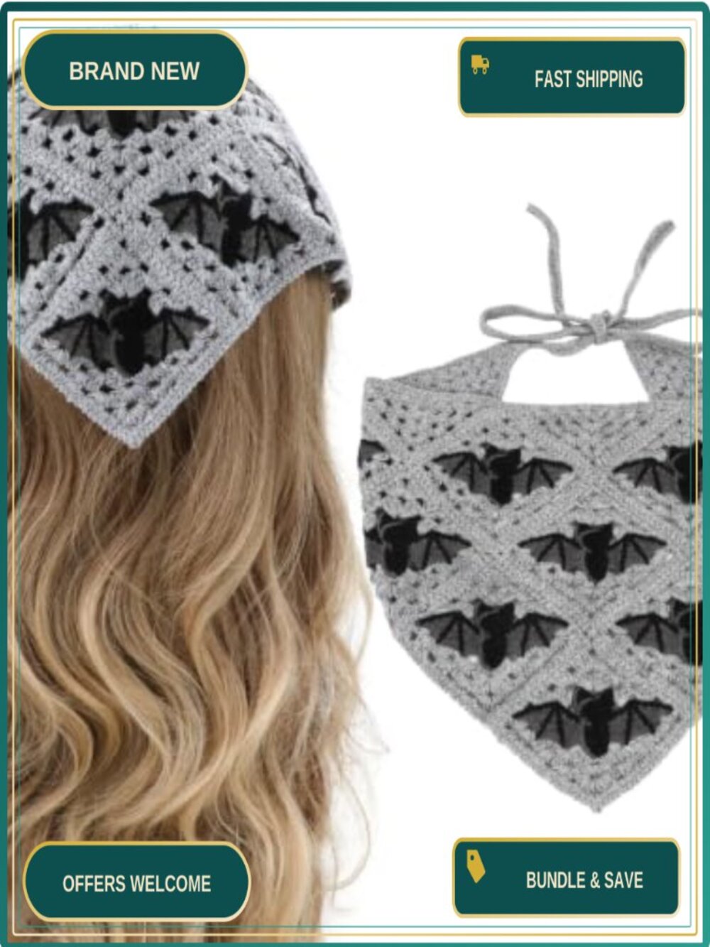 Gothic Crochet Bandana 100% Cotton Knit Triangle Head Scarf Halloween Hair